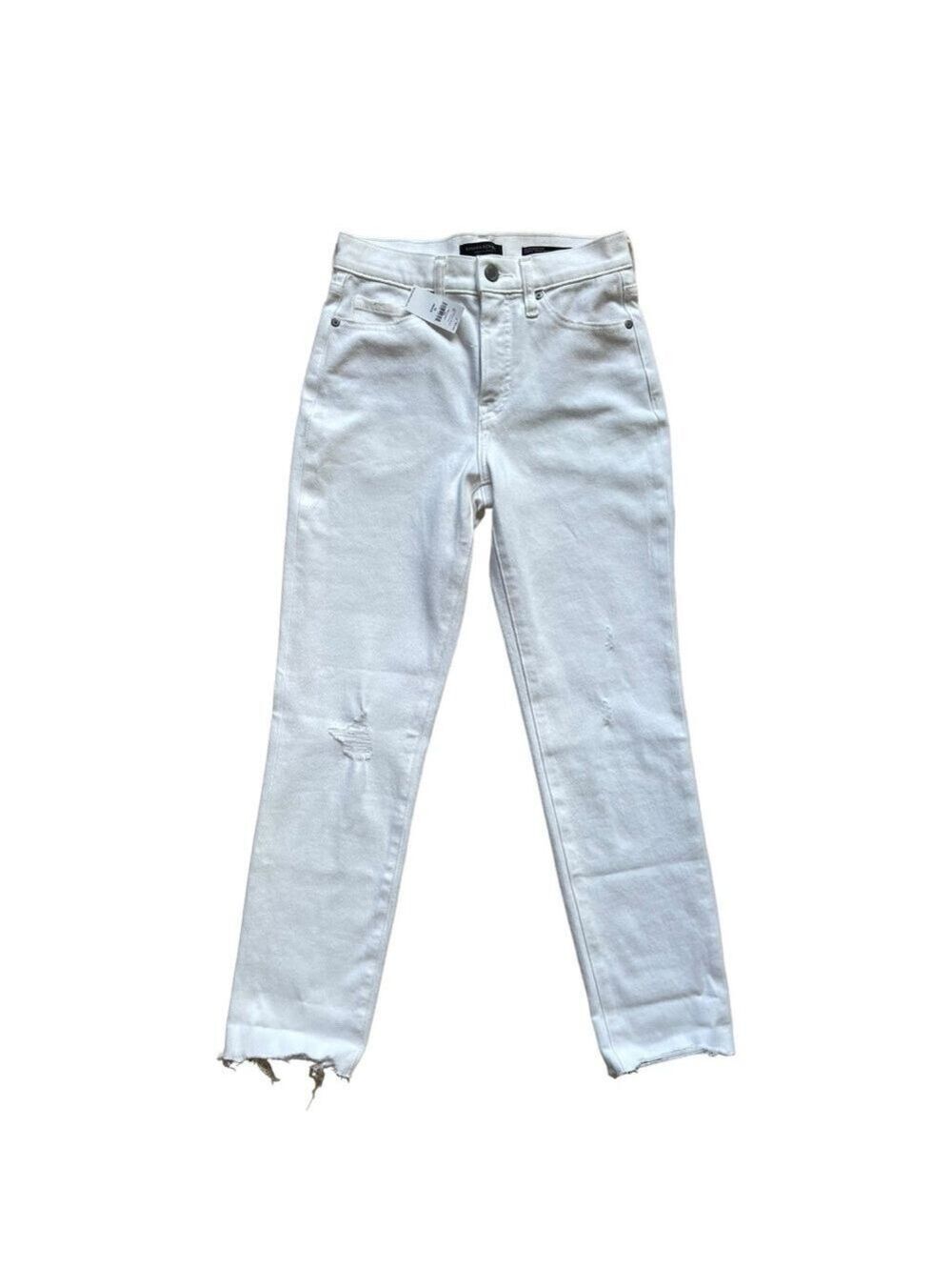 Banana Republic white jeans high rise slim raw hems ripped knees stretchy denim